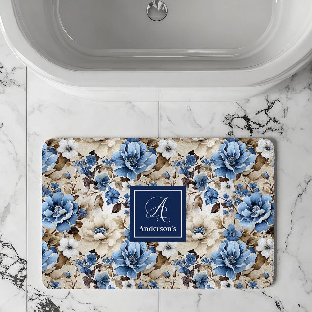 Sophisticated Navy Blue Flowers Personalised Bath  Mat (Sophisticated Navy Blue Flowers Personalized Bath Mat)