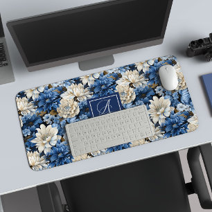Sophisticated Navy Blue Flowers Personalised Desk Mat
