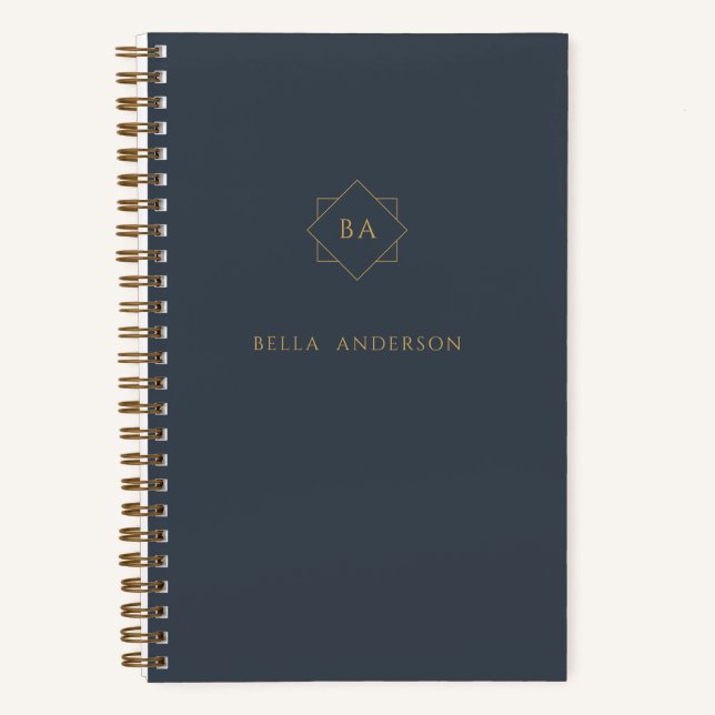 Sophisticated Navy Blue & Gold Initial Monogram Notebook (Front)