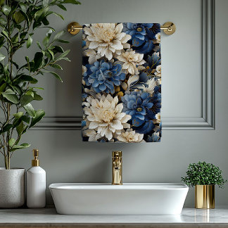 Sophisticated Navy Blue Ivory Gold Flowers Bath Towel Set