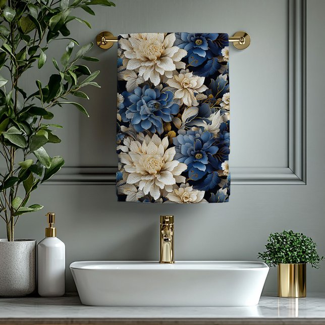 Sophisticated Navy Blue Ivory Gold Flowers Bath Towel Set (Sophisticated Navy Blue Ivory Gold Flowers)