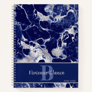 Sophisticated Navy Blue Marble Silver Agate Notebook