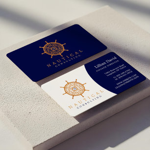Sophisticated Navy Blue Nautical Ship Wheel Logo Business Card