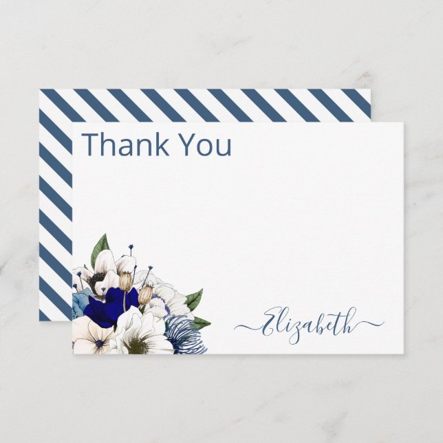 Sophisticated Navy Dusty Blue Floral Personalised Thank You Card (Front/Back)