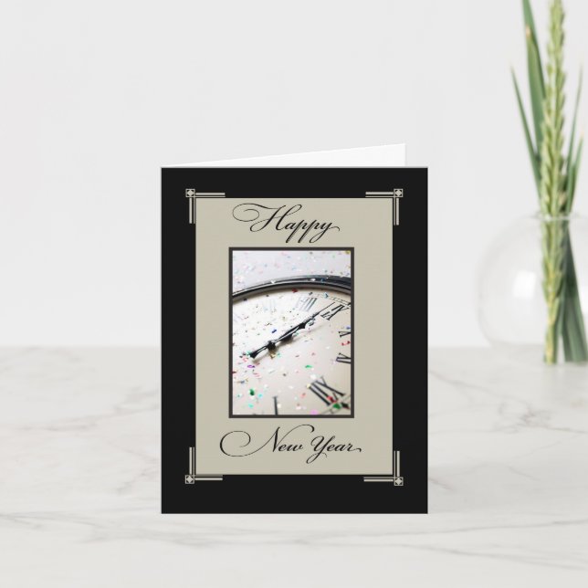 Sophisticated New Year's Eve, Black & Tan Note Holiday Card (Front)