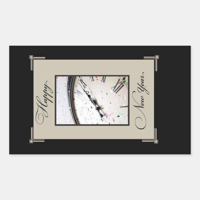 Sophisticated New Year's Eve Party, Black & Tan Rectangular Sticker (Front)