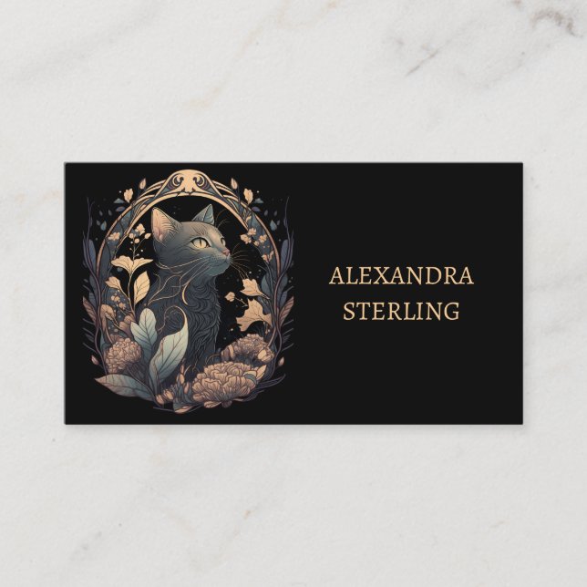 Sophisticated Noir Art Nouveau Cat Personalised Business Card (Front)