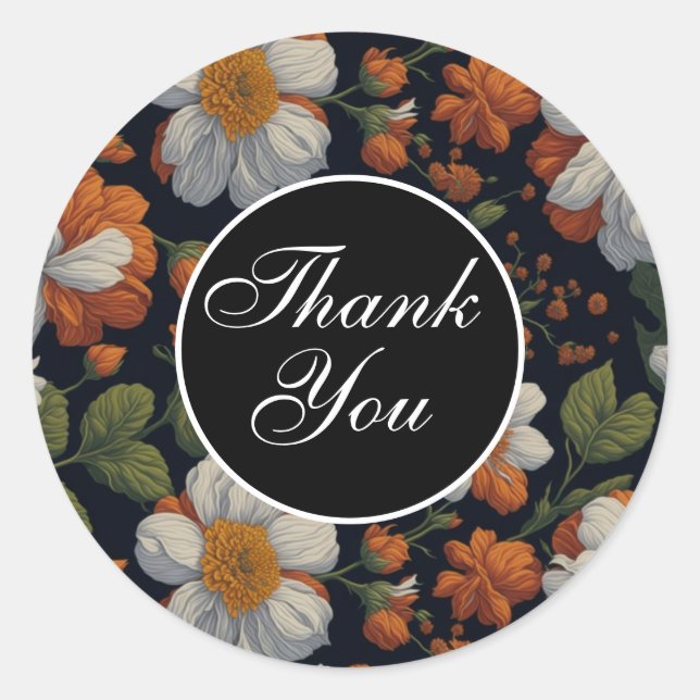 Sophisticated Orange white elegant retro flowers Classic Round Sticker (Front)