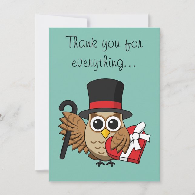 Sophisticated Owl w Heart Chocolate Box | Add Text Thank You Card (Front)