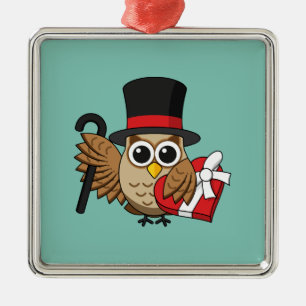 Sophisticated Owl with Heart Chocolate Box Metal Ornament