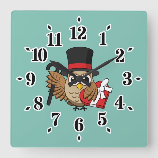 Sophisticated Owl with Heart Chocolate Box Square Wall Clock (Front)