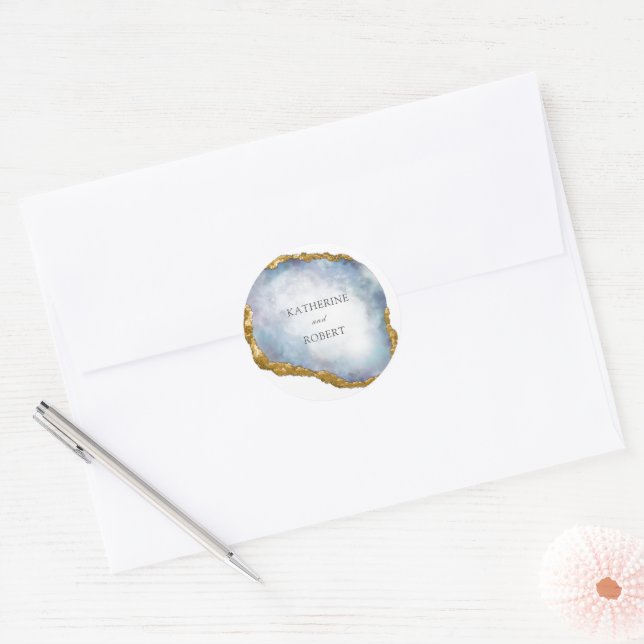 Sophisticated Pearl Golden Agate Monogram Wedding Classic Round Sticker (Envelope)