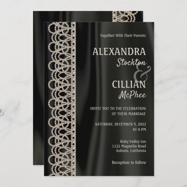 Sophisticated Pearls and Satin Wedding Invitation (Front/Back)