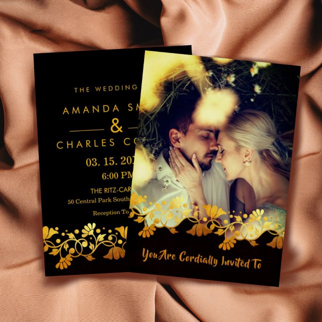 Sophisticated photo black gold flourish monogram foil holiday card (Creator Uploaded)