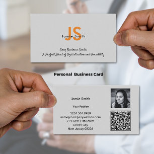 Sophisticated Photo Initials Grey & Black Personal Business Card