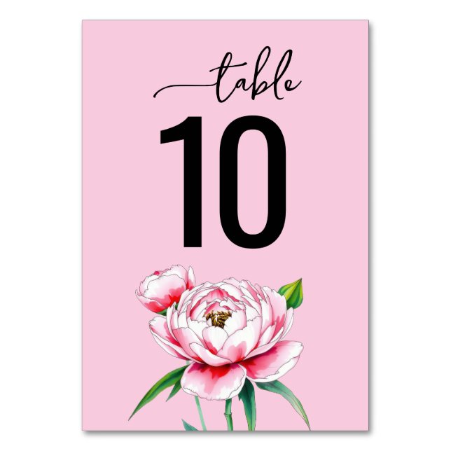 Sophisticated Pink Botanical Peony Table Number (Front)