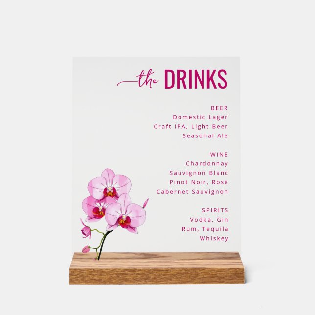 Sophisticated Pink Floral Beverage Menu Acrylic Sign (Front)