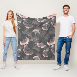 Sophisticated Pink Line Art Ginkgo on Dark Canvas Fleece Blanket