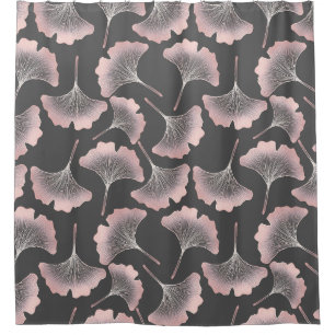 Sophisticated Pink Line Art Ginkgo on Dark Canvas Shower Curtain