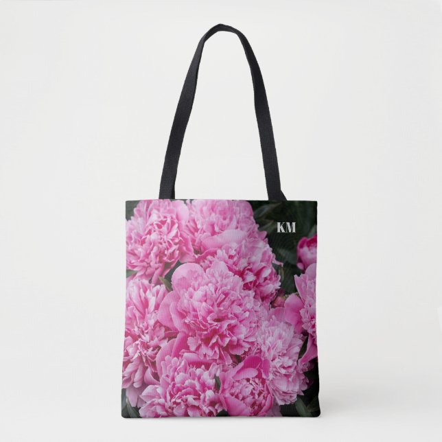 Sophisticated Pink Peony Macro Monogram Tote Bag (Front)