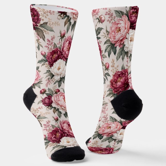 Sophisticated Premium Peony Bouquet Clusters Socks (Angled)