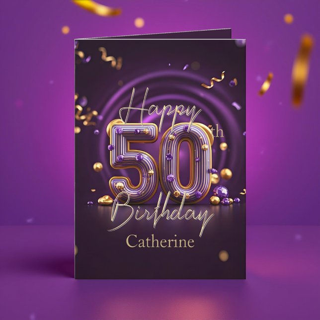 Sophisticated Purple and Gold 50th Birthday Card (Creator Uploaded)