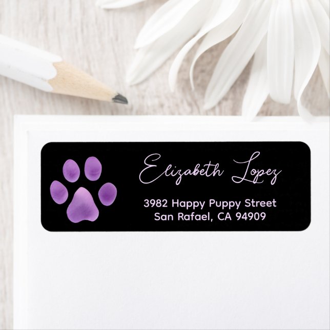 Sophisticated Purple Paw on Black Return Address Label (Insitu)
