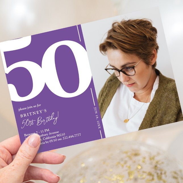 Sophisticated Purple Photo 50th Birthday Invitatio Invitation (Creator Uploaded)