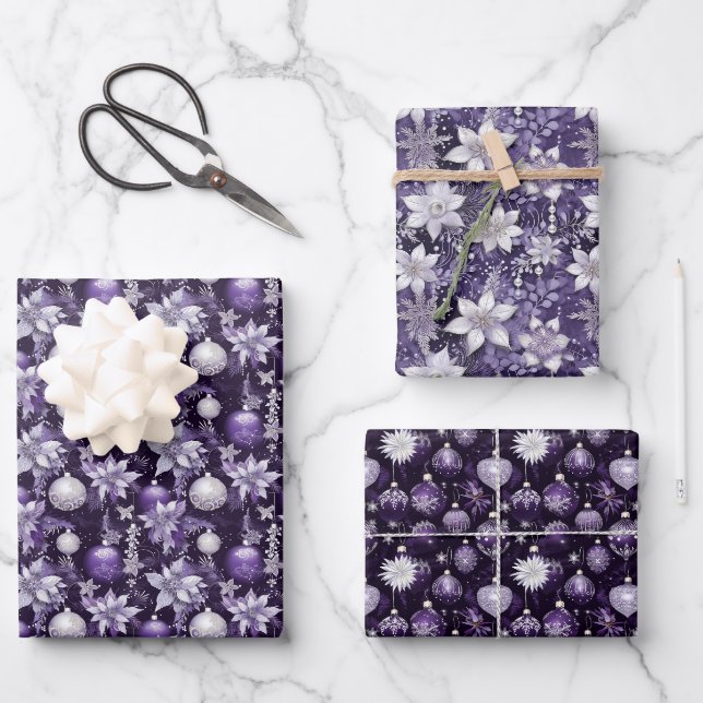 Sophisticated Purple & Silver Christmas Pattern Wrapping Paper Sheet (Front)
