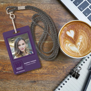 Sophisticated Purple Square Monogram Logo Photo Ba ID Badge