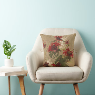 Sophisticated Red & Burgundy Floral Against Beige Cushion