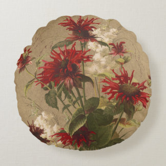 Sophisticated Red & Burgundy Floral Against Beige Round Cushion