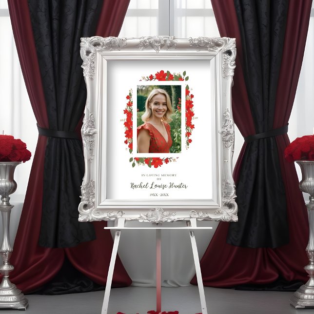 Sophisticated Red Floral Garland In Loving Memory  Poster (Sophisticated Red Floral Garland In Loving Memory Photo Poster. )