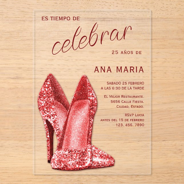 Sophisticated Red Spanish Feminine Birthday  Acrylic Invitations (Front)