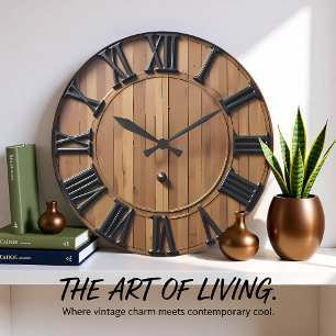 Sophisticated Roman Numeral Rustic Plank Large Clock