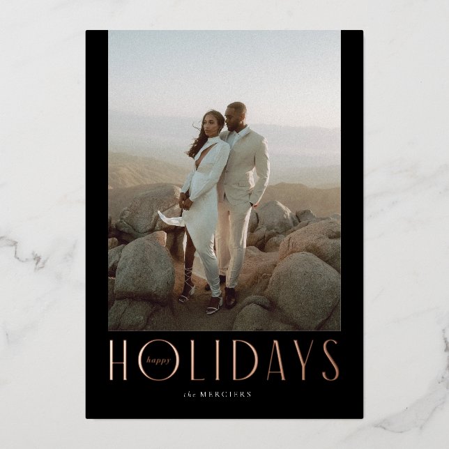 Sophisticated Rose Gold Happy Holidays Photo Foil Holiday Card (Front)