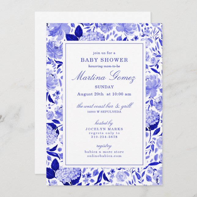 Sophisticated Royal Blue Floral Baby Shower Invitation (Front/Back)
