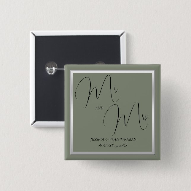 Sophisticated Sage & Silver Wedding 15 Cm Square Badge (Front & Back)