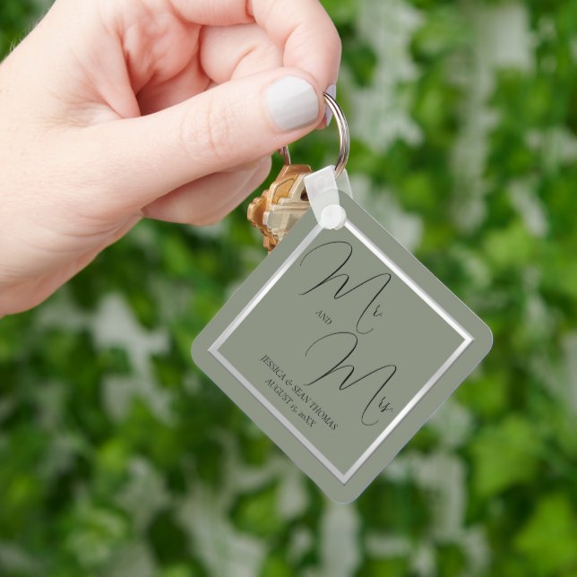Sophisticated Sage & Silver Wedding Key Ring (Hand)