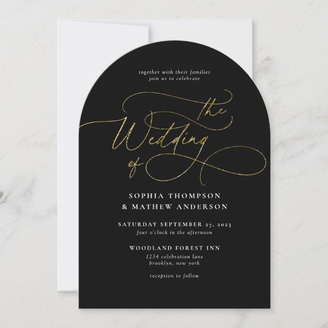 Sophisticated Script Black Gold Arch Wedding Invitation (Front)