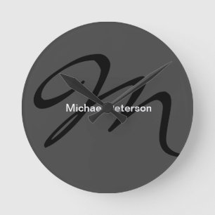 Sophisticated Script Monogram Initial Modern Grey Round Clock