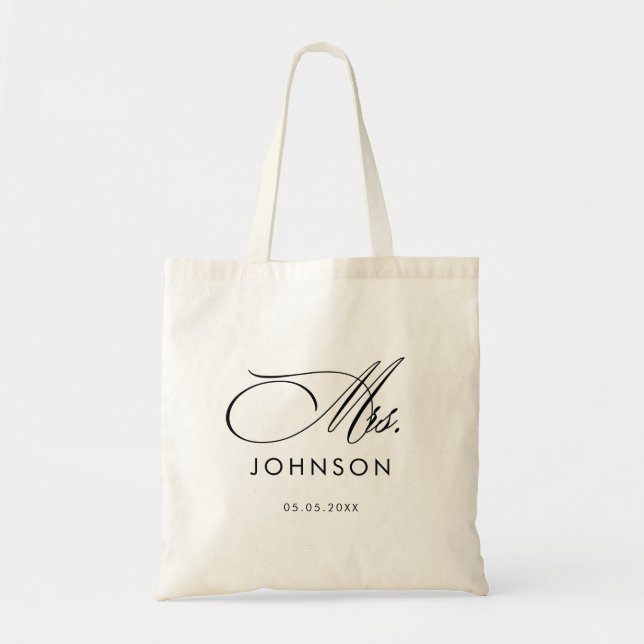 Sophisticated Script Mrs Calligraphy Newlywed Gift Tote Bag (Front)