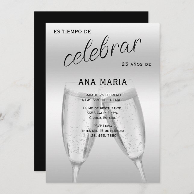 Sophisticated Silver Spanish Feminine Birthday  Invitation (Front/Back)