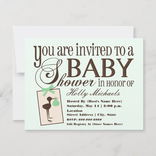 Sophisticated Stork Green Baby Shower Invitation (Front)