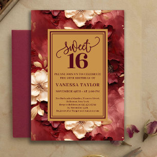 Sophisticated Sweet 16 Burgundy Gold Floral Invite