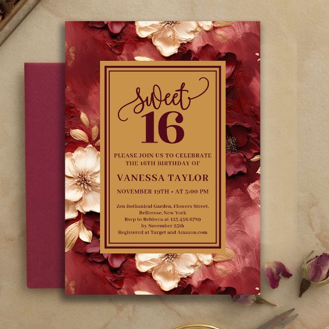 Sophisticated Sweet 16 Burgundy Gold Floral Invite (Sophisticated Sweet 16 Burgundy Gold Floral Invite)