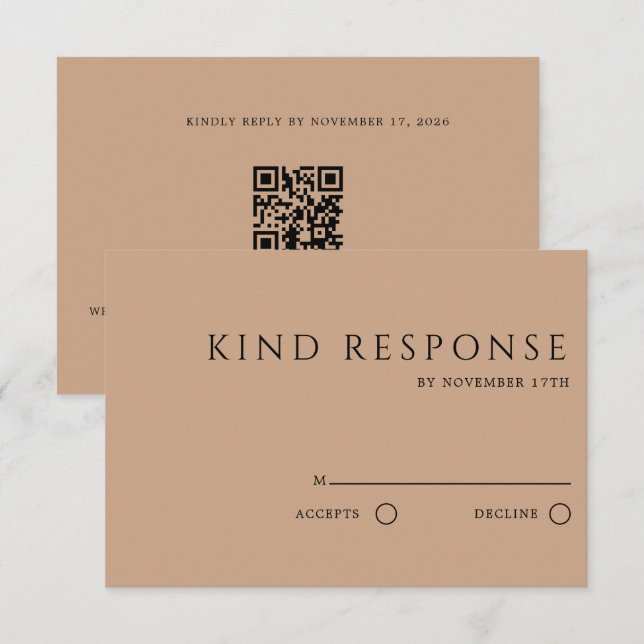 Sophisticated Tan QR Code Elegant Wedding RSVP Card (Front/Back)