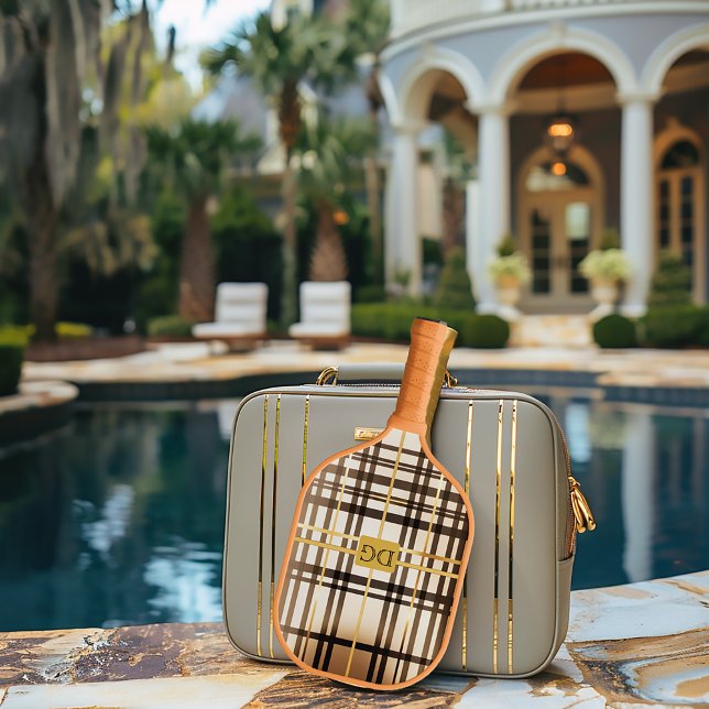 Sophisticated Taupe and Gold Monogram  Pickleball Paddle (Classic Taupe and Gold Plaid Wexford Pickleball Paddle)