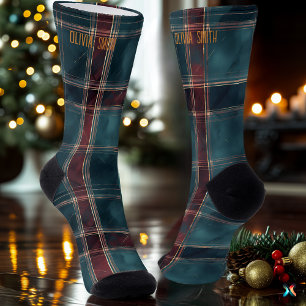 Sophisticated Teal and Burgundy Christmas Plaid  Socks