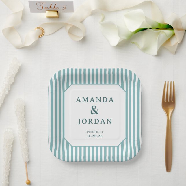 Sophisticated Teal Striped Geometric Paper Plate (Wedding)